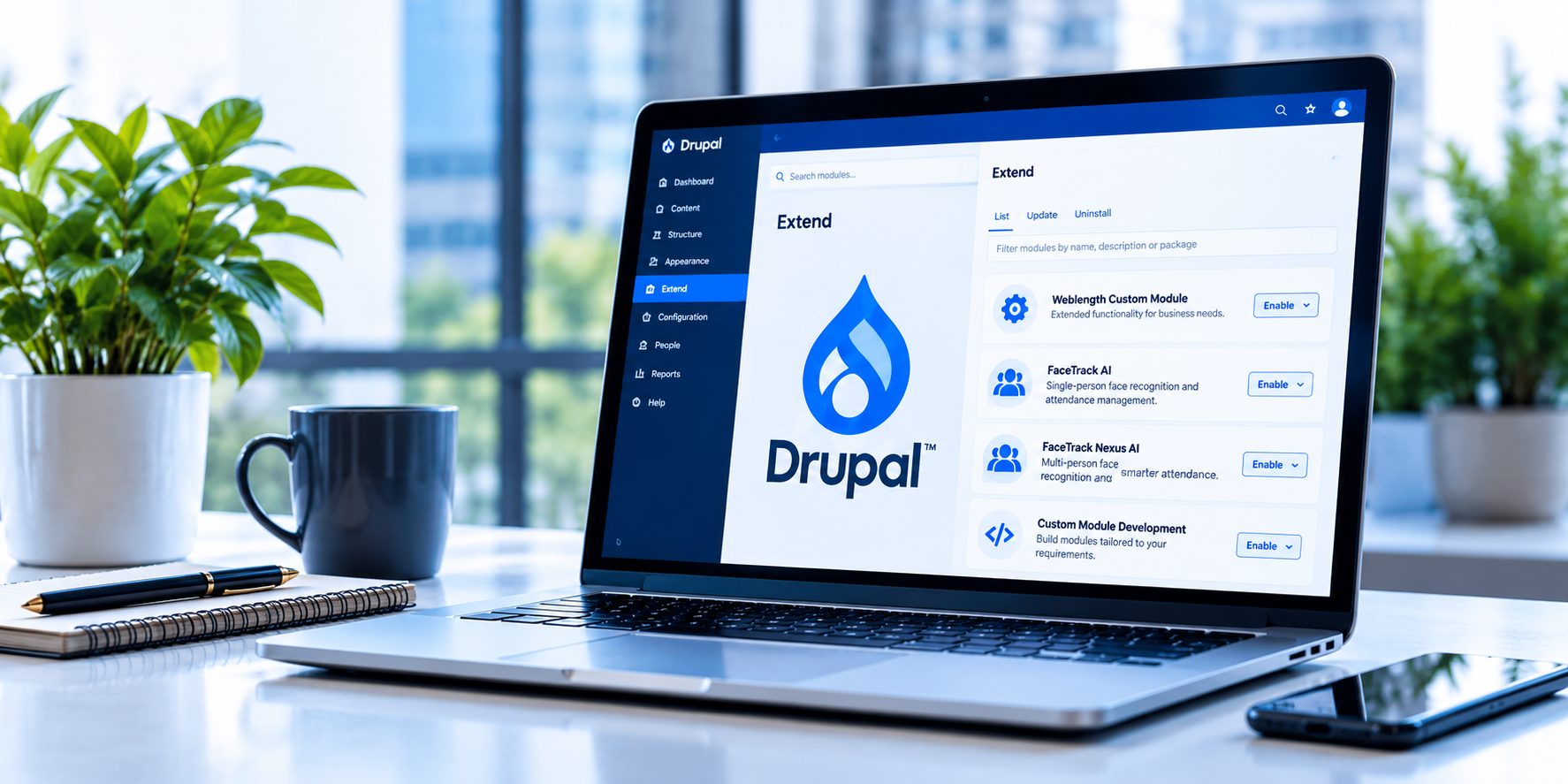 Drupal module development dashboard displayed on a laptop