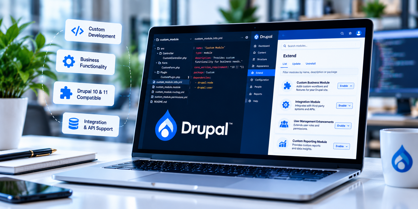 Custom Drupal module development displayed on a laptop