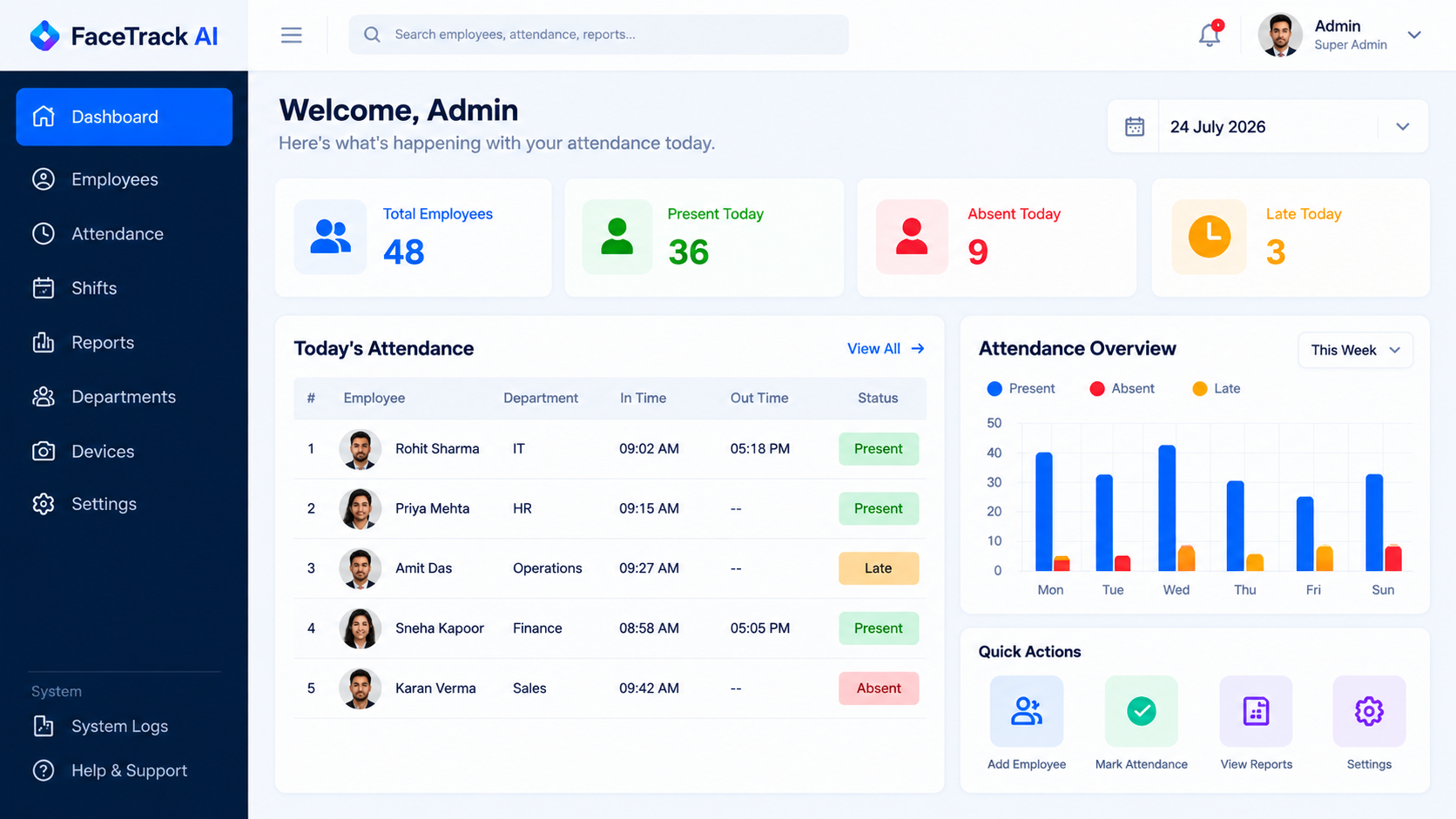 FaceTrack AI employee attendance dashboard