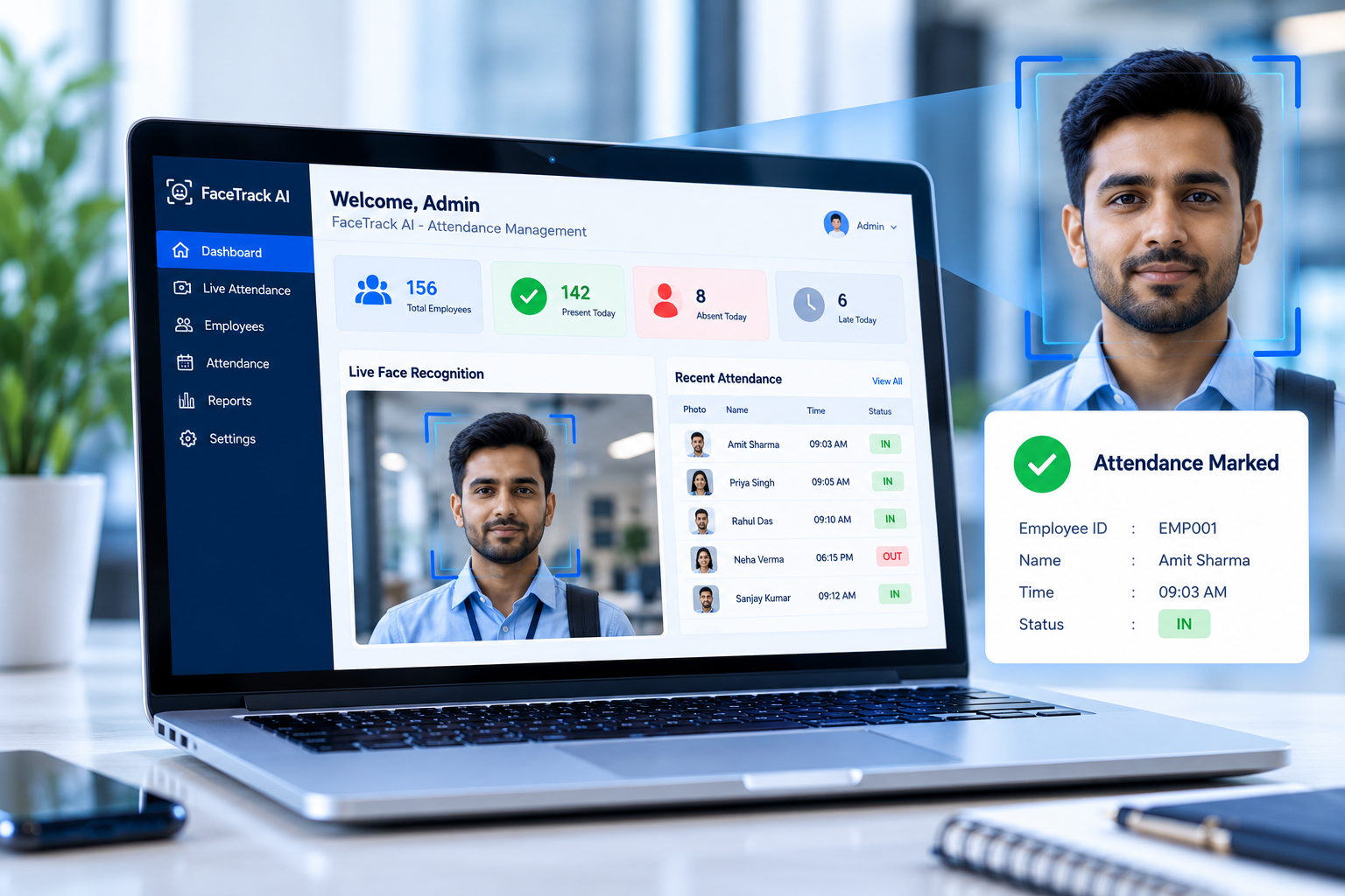 FaceTrack AI face recognition and attendance dashboard